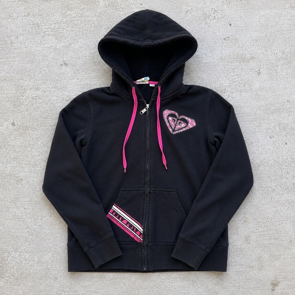 Vintage Roxy Black Pink Graphic Full Zip Sherpa Lined Hooded Sweatshirt y2k sz L